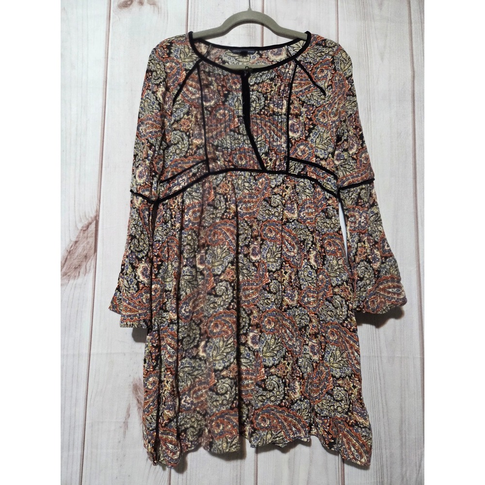 American Eagle Paisley Mini Dress Velvet Trim Bell Sleeve Boho Womens Medium